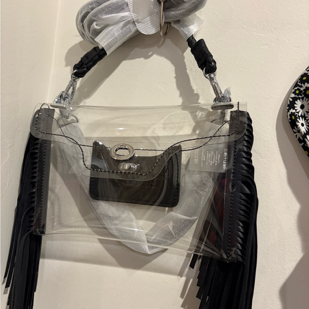 Chic Transparent Crossbody Bag with Black Fringe